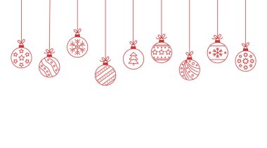 Noel toplarını asmak. Noel oyuncakları seti. Vektör eğlence simgeleri düzenlenebilir vuruş. Beyaz arkaplanda kırmızı semboller.