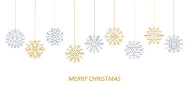 Asılı kar tanesi ikonlarıyla vektör selamlama pankartı. Altın ve gümüş semboller. Mutlu Noeller mesajı. Düzenlenebilir felç. Noel ve yeni yıl süslemeleri, kış süsü. Stok illüstrasyonu.