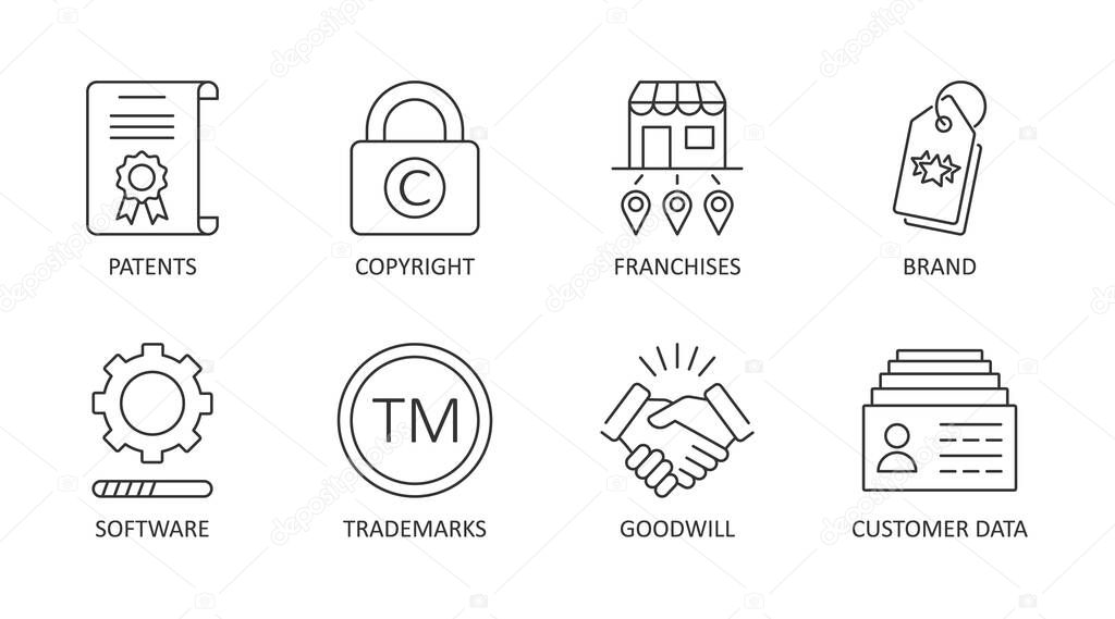 Vector icons of intangible assets. Editable stroke. Business set symbols patents copyright franchises goodwill trademarks brand names self-developed software licenses. Isolated on a white background.