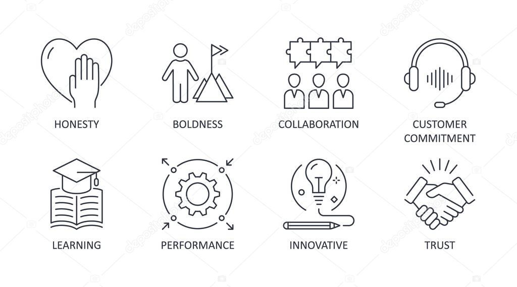 Vector company values icons. Editable stroke. Illustration on white background. Collaboration customer commitment innovative performance trust boldness honesty learning.