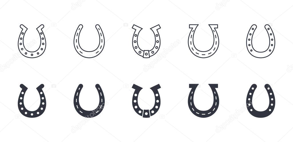 Vector icons horseshoe and symbol of luck. Editable stroke. Linear and silhouettes symbols. Stock illustration on white background.