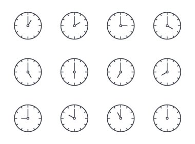 Vektör saat simgesi arama zamanı. Düzenlenebilir felç. Tam saati, saati ve dakikası olan çizgi sembolleri yuvarlak bir kol saatinde..