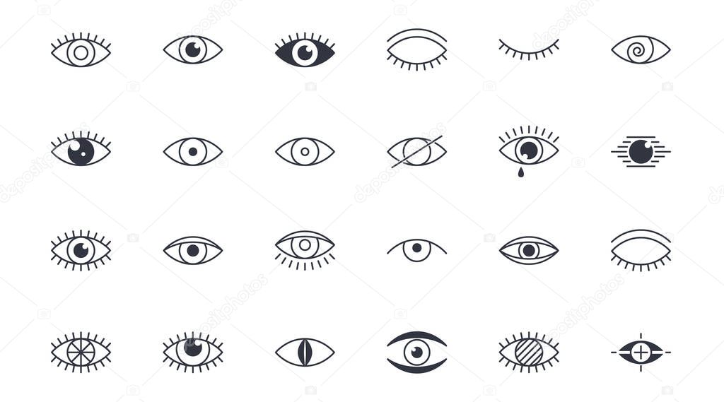 Vector Eyes icons. Editable stroke. Open closed eye with eyelashes with tears glare. Eyeball sleeping search supervision mystery. Stock illustration.