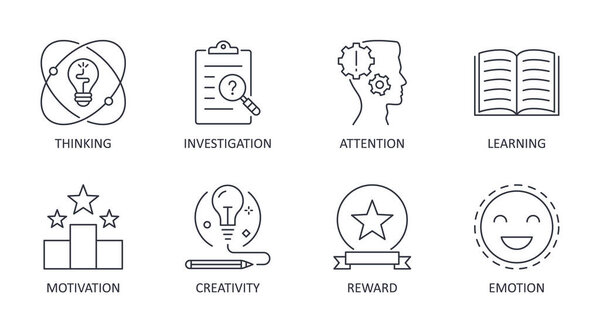 Vector curiosity icons. Editable stroke. thinking investigation learning emotion motivation reward attention creativity. Stock illustration.