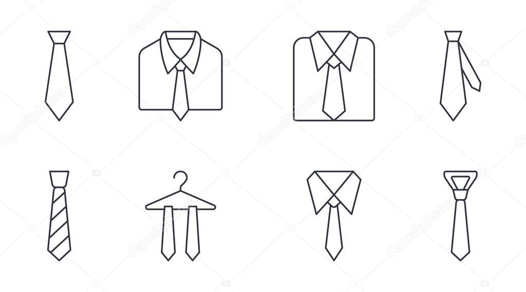 Vector tie icons set. Editable stroke. Business style, dress code thin line icon. Elegant suit for work party mens accessory. Sewing and repair of clothes.