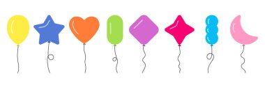 Eğlenceli şekillerde renkli çizgi film balonları: yıldız, kalp, ay ve daha fazlası. Parti, kutlama, doğum günü ya da şenlikli tasarım için mükemmel. Düz biçimli vektör simgesi, beyaz arkaplanda izole.