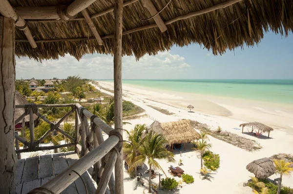 Tropik bir plajın ahşap bir kulübesinden fantastik panoramik hava manzarası, Isla de Holbox, Meksika, Tatil Seyahat Konsepti.