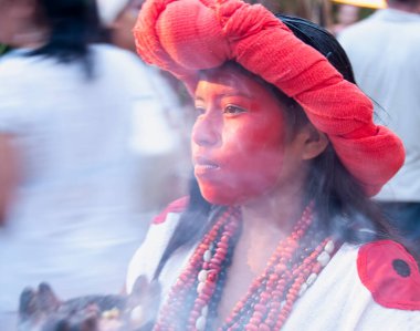 Meksika 'da yapılan bir tören sırasında yüzünde makyaj makyajı olan ve daha koyu bir dumanla yanan genç bir Maya kızının portresi.