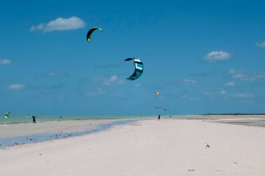 Meksika 'daki Holbox Adası' nda alçak gelgitte, mavi gökyüzünde ve beyaz bulutlarda inanılmaz bir tropikal plajda uçurtma sörfü yapmak.