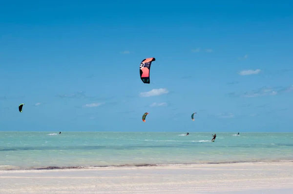 Kitesurfen Tropischen Strand Von Holbox Island Mexiko Bei Ebbe Hintergrund — Stockfoto