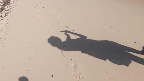 Ombre Une Figure Féminine Sur Sable Bord Mer Tout Prenant — Video