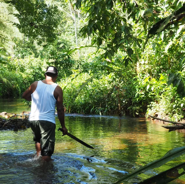 Hombre con machete abriéndose camino a través de la selva en la costa de Panamá —  Fotos de Stock