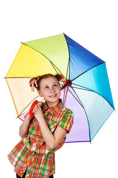 Linda chica adolescente de moda con paraguas iridiscente — Foto de Stock
