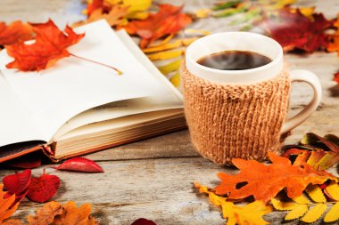 Büyük bir kase, kitap, renkli sonbahar yaprakları sıcak içecek