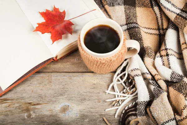 Hot kopi dalam cangkir besar, buku, daun maple, kotak-kotak — Stok Foto