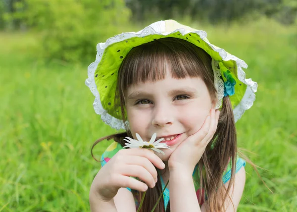 Красива маленька дівчинка на лузі тримає ромашку — стокове фото