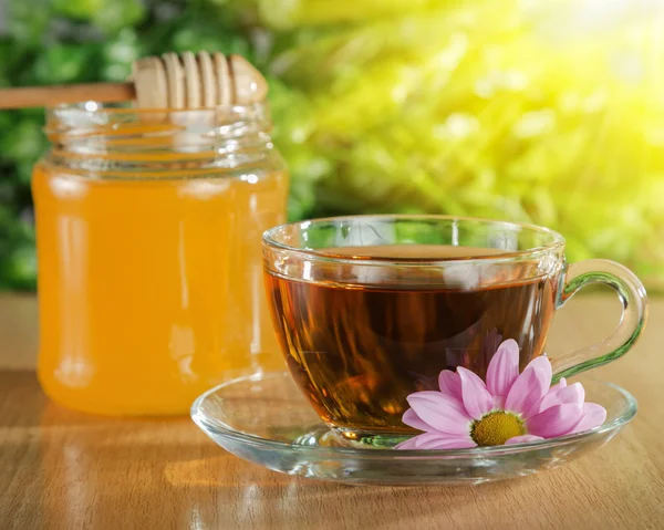 Чай с медом на фоне природы — стоковое фото