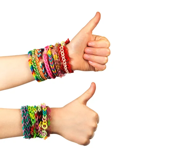 Two hand with trendy handmade weaving bracelets show okey — Stock Photo, Image