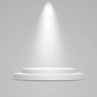 Beyaz, yuvarlak podyum ışıkla aydınlatılmış. Ürün sunumu için vektör temeli.
