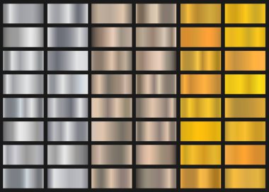 Gümüş, bronz ve altın folyo desenli arka plan seti. Sınır, çerçeve, kurdele, etiket tasarımı için vektör parlak ve metalik gradyan koleksiyonu.