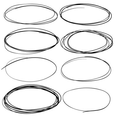Oval çerçeveleri çiz. Doodle elips, yuvarlak el çizimi çerçeve ve yuvarlak karalamalar. Oval fırça ya da el yazısıyla işaretlenmiş daire izole vektör sembolleri ayarlar