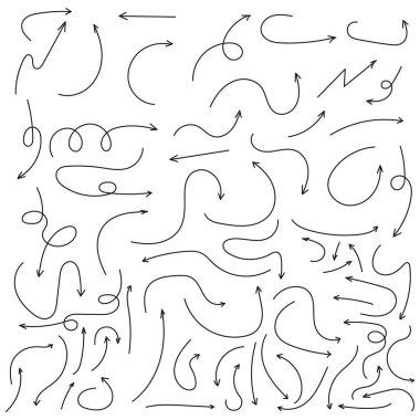 Çeşitli yönlerde siyah ok koleksiyonu. Eğri oklar, düz oklar ve kıvrımlı oklar. Navigasyon ve resimleme için çeşitli ok tasarımları. Doodle ok vektörü ayarlandı.