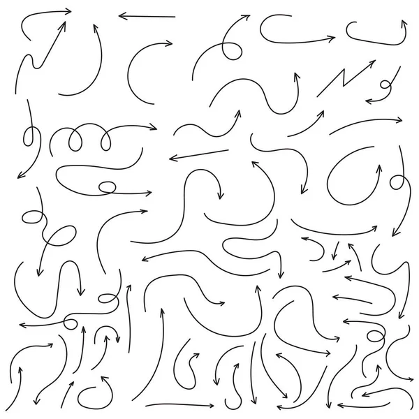 Çeşitli yönlerde siyah ok koleksiyonu. Eğri oklar, düz oklar ve kıvrımlı oklar. Navigasyon ve resimleme için çeşitli ok tasarımları. Doodle ok vektörü ayarlandı.