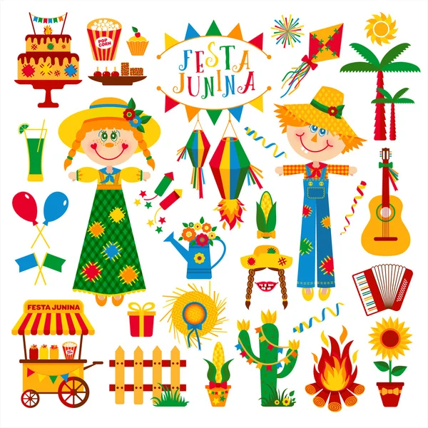 Festa Junina village festival icons — Stock Vector