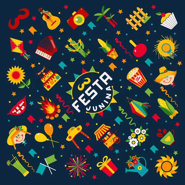 Iconos del festival del pueblo de Festa Junina — Vector de stock