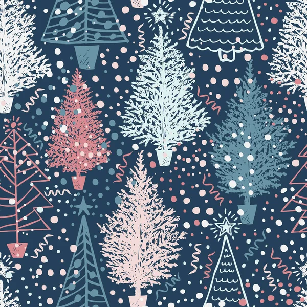 Patrón de Navidad Vector sin costuras con árboles abstractos de Navidad y nieve en azul. Ilustración vectorial perfecta para fondos de tarjetas de felicitación, envolturas de regalos, envases o telas. — Vector de stock