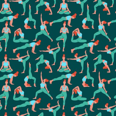 Yoga yapan kadınlar düz renk trendi vektörlerini yeşil üzerinde deniyorlar. Yoga meditasyon çizgi film stili yap. Egzersiz geçmişi. Sağlıklı yaşam tarzı sabah spor aktiviteleri resimleri.