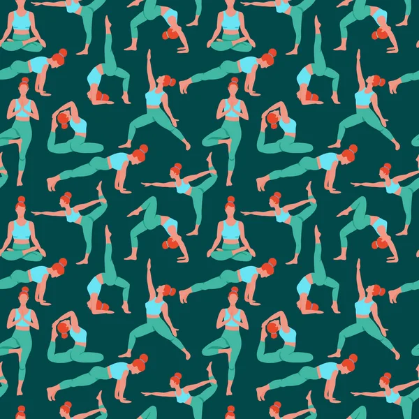 Frauen, die Yoga mit flachen Farbtrendvektoren ausüben, haben ein nahtloses Muster auf Grün. Üben Sie Yoga-Meditation im Cartoon-Stil. Trainingshintergrund. Gesunder Lebensstil Fitness-Aktivitäten am Morgen Bilder. — Stockvektor