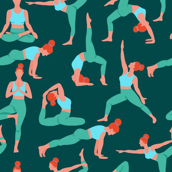 Vrouwen oefenen yoga platte kleur trend vector naadloos patroon op groen. Doe yoga meditatie praktijk cartoon stijl. Trainen workout achtergrond. Gezonde levensstijl ochtend fitness activiteiten foto 's. — Stockvector