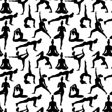 Yoga yapan kadınların beyazı üzerinde düz eğilimli vektör kalıpları vardır. Yoga meditasyon çizgi film stili yap. Egzersiz geçmişi. Sağlıklı yaşam tarzı sabah spor aktiviteleri resimleri.