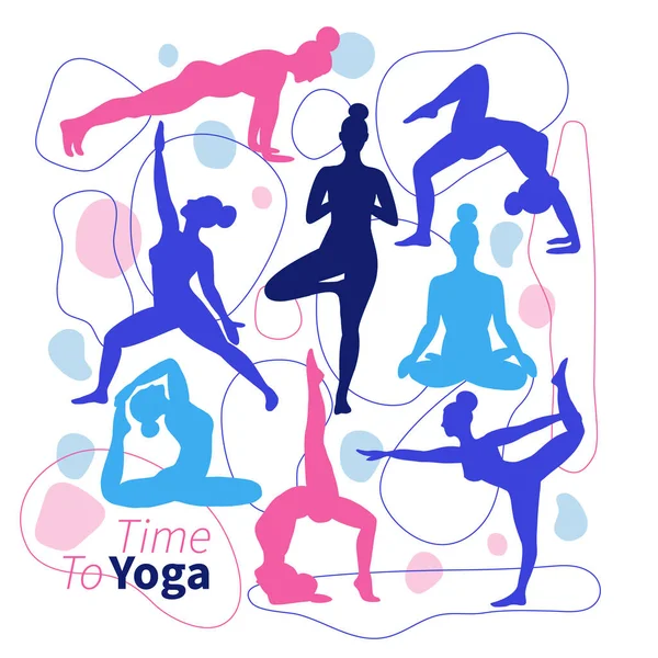 Een reeks silhouetten van yoga poseert met trending geomeric vormen in de stijl van minimalisme. Lineaire mode illustratie voor sport en fitness. Gezonde levensstijl fitness activiteiten foto 's. — Stockvector