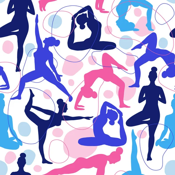 Trend nahtlose Muster des Yoga-Kurses rosa und blau mit abstrakten Formlinien Kunst Vektor Backboden. — Stockvektor