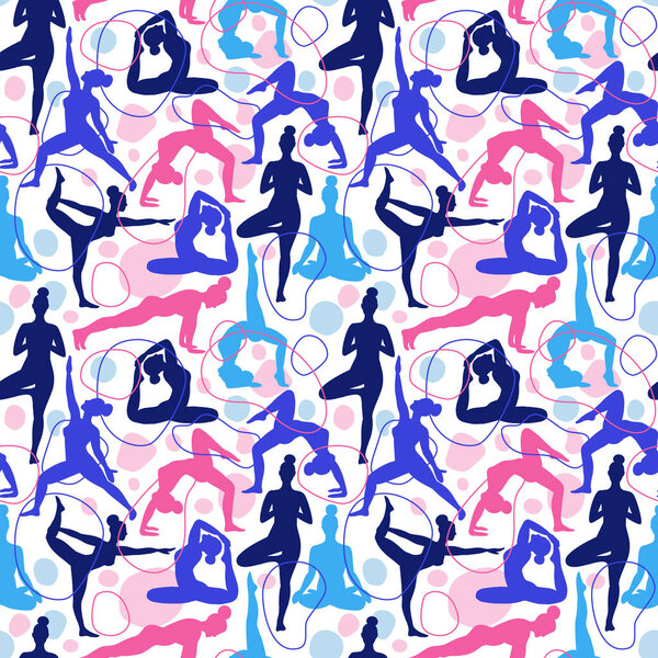 Trend seamless pattern of yoga class pink and blue with abstract shape line art vector bakground.