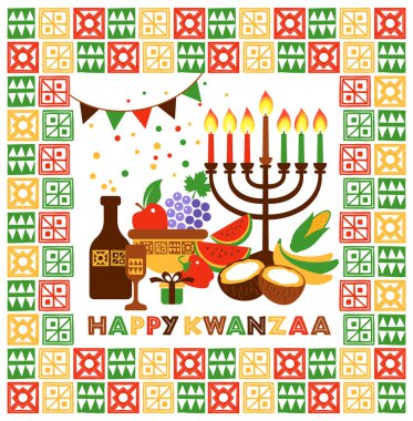 Kwanzaa tebrik kartında Kinara mum tutacağının mum yaktığı vektör modern konsept tasarımı. Başlıklı Mutlu Kwanzaa illüstrasyonları.