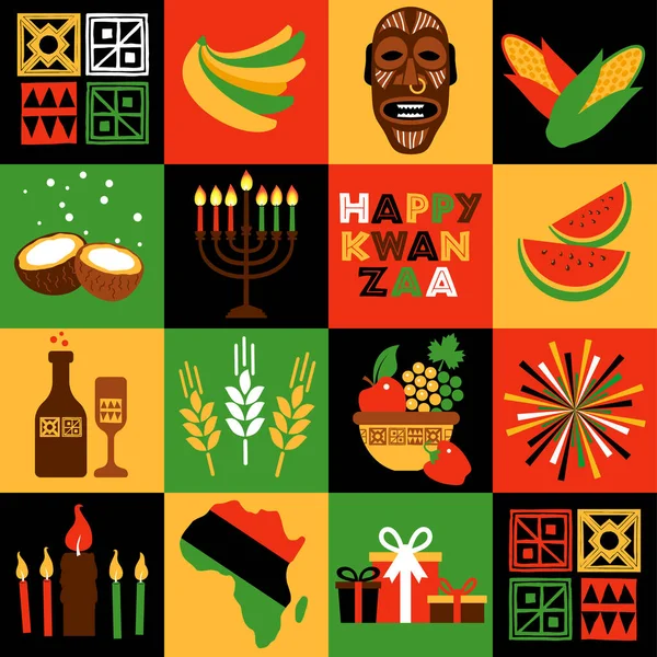 Geleneksel renkli Kwanzaa bayrağı ve Yedi Prensip veya Nguzo Saba 'yı temsil eden mumlar. Kolleksiyon biçimi. — Stok Vektör