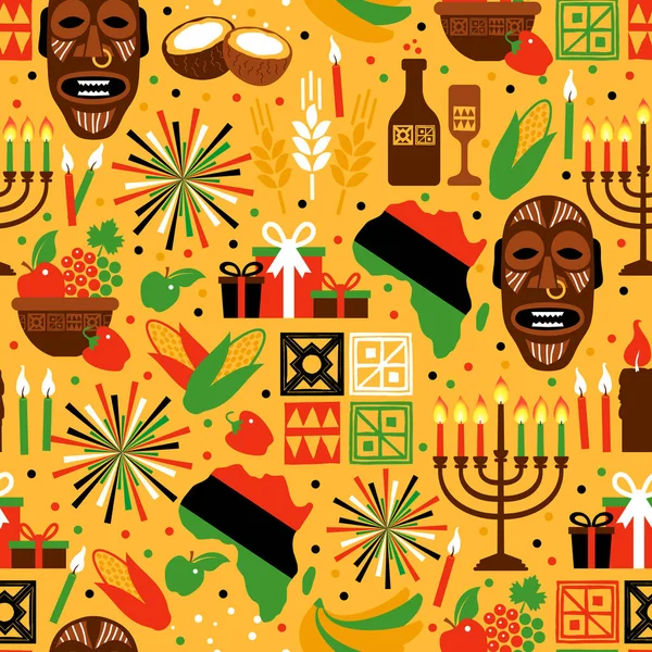 Seamless pattern for Kwanzaa with traditional colored and candles representing the Seven Principles or Nguzo Saba. Yellow background. — Stock Vector