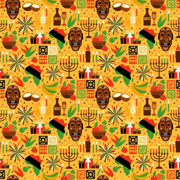 Бесшовный рисунок для Кванзы с традиционными цветными и свечами, представляющими Семь принципов или Нгудзо Саба. Желтый фон. — стоковый вектор
