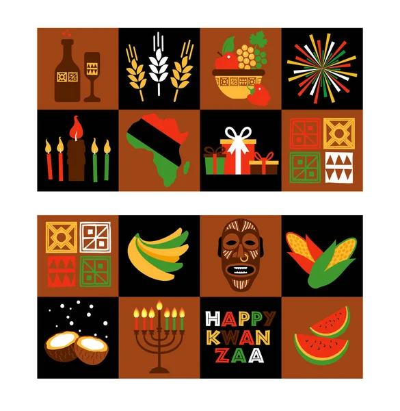 Banner set per Kwanzaa con colori tradizionali e candele che rappresentano i Sette Principi o Nguzo Saba. Stile collaterale. — Vettoriale Stock