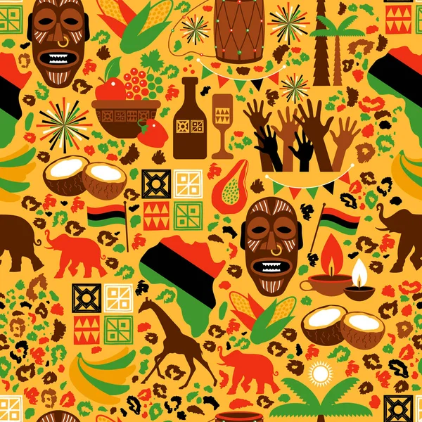 Sömlöst mönster i Afrika med traditionella färger och symboler. Gul exotisk bakgrund. — Stock vektor