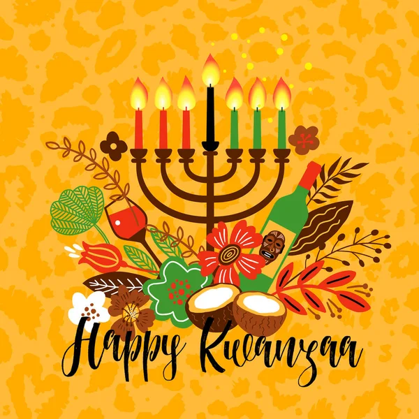 Banner for Kwanzaa with traditional candles representing the Seven Principles or Nguzo Saba. Lettering Happy Kwanzaa. Vector greeting card on leopard background. — Stock Vector