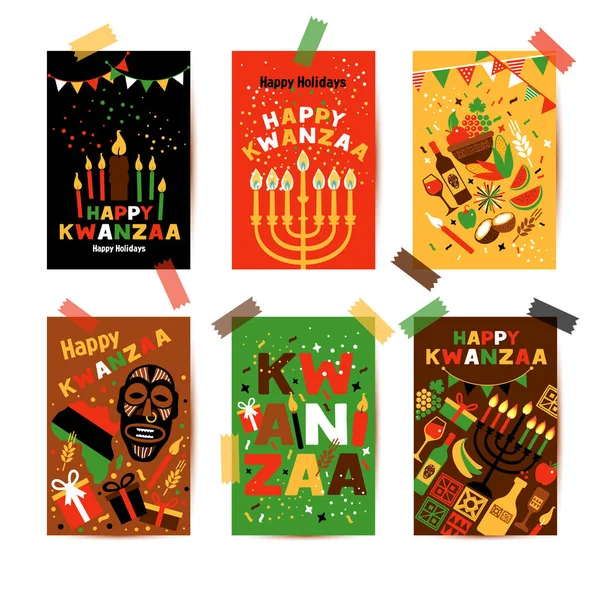 Набор баннеров для Кванзы с традиционными цветными и свечами, представляющими Семь принципов или Нгудзо Саба. — стоковый вектор