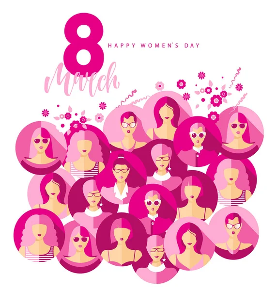 Internationella kvinnodagen. Vektor illustration med kvinnor ansikten och 8marsch. — Stock vektor