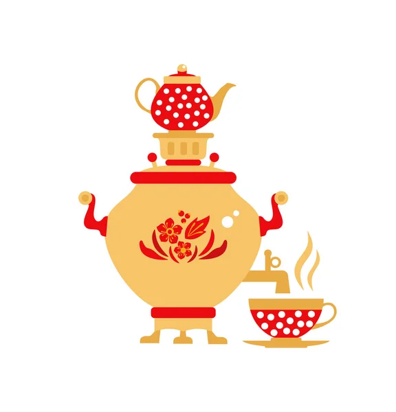 Vintage tè Samovar auto-caldaia contenitore in metallo riscaldato tradizionalmente utilizzato in Russia. Illustrazione vettoriale in stile cartone animato isolato su bianco. — Vettoriale Stock