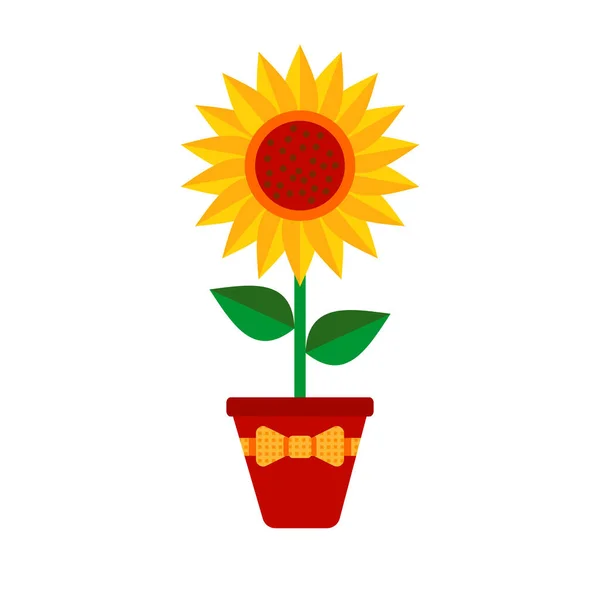 Girasol con hojas verdes en maceta con lazo en estilo rústico en estilo plano aislado sobre fondo blanco. Ilustración vectorial — Vector de stock