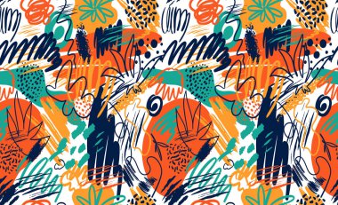 Memphis tarzında el çizimi dokuları olan soyut, pürüzsüz desenler, beyaz üzerine eğilim. Retro moda arkaplanı.