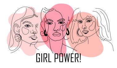 Kız gücü, güçlü kadınlar, uluslararası feminizm fikirleri poster konsepti. Kadınların yüzlerinin moda tarzında doğrusal çizimi. Kadın Hakları ve Çeşitlilik vektörü illüstrasyonu.